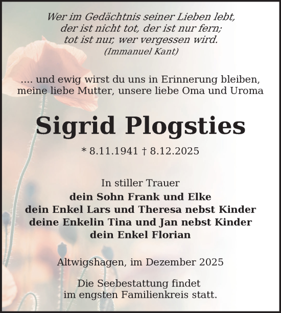 Traueranzeige von Sigrid Plogsties von Nordkurier Grosso