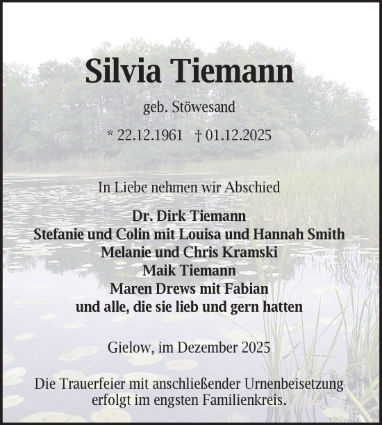 Traueranzeige von Silvia Tiemann von Nordkurier Mecklenburger Schweiz