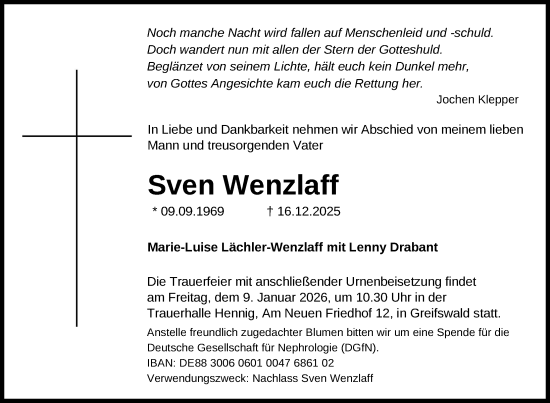 Traueranzeige von Sven Wenzlaff von Nordkurier Vorpommern Kurier