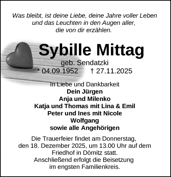 Traueranzeige von Sybille Mittag von Ludwigsluster Tageblatt