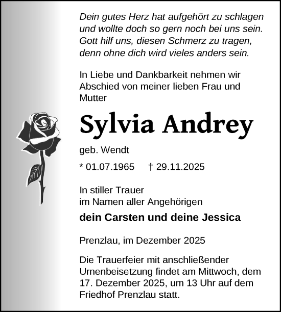 Traueranzeige von Sylvia Andrey von Uckermark Kurier Prenzlauer Zeitung