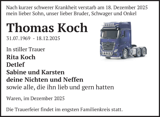 Traueranzeige von Thomas Koch von Nordkurier Müritz-Zeitung