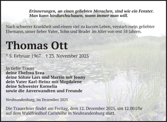Traueranzeige von Thomas Ott von Nordkurier Neubrandenburger Zeitung