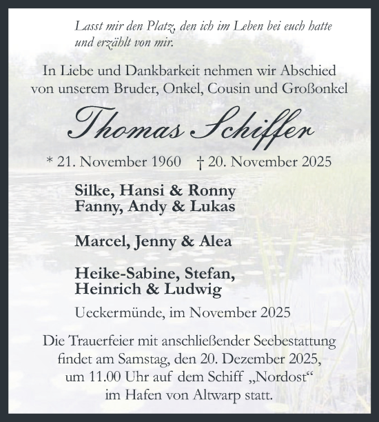 Traueranzeige von Thomas Schiffer von Nordkurier Haff-Zeitung