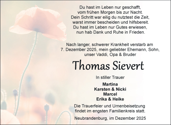 Traueranzeige von Thomas Sievert von Nordkurier Neubrandenburger Zeitung