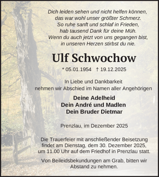Traueranzeige von Ulf Schwochow von Uckermark Kurier Prenzlauer Zeitung