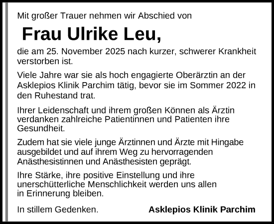Traueranzeige von Ulrike Leu von Parchim und Lübz
