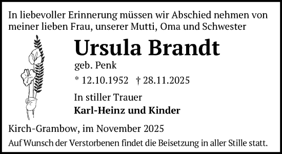 Traueranzeige von Ursula Brandt von Gadebusch - Rehnaer Zeitung
