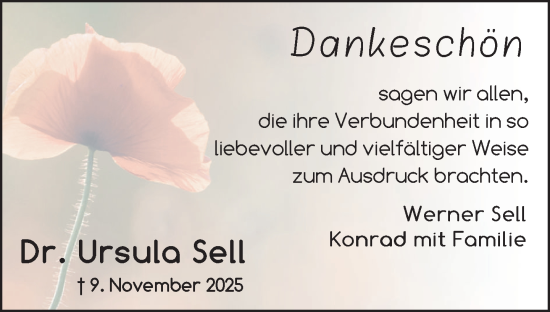 Traueranzeige von Ursula Sell von Zeitung für die Landeshauptstadt