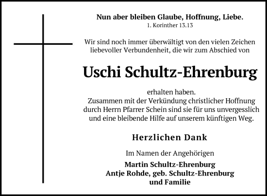 Traueranzeige von Uschi Schultz-Ehrenburg von Uckermark Kurier Templiner Zeitung