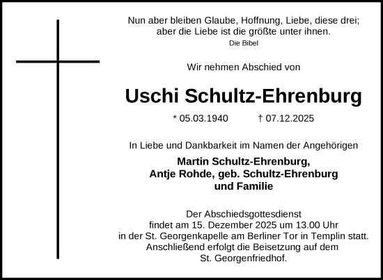 Traueranzeige von Uschi Schultz-Ehrenburg von Uckermark Kurier Templiner Zeitung