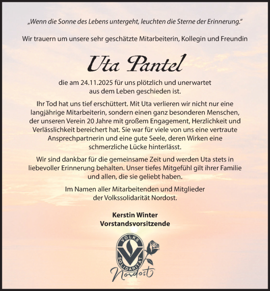 Traueranzeige von Uta Pantel von Nordkurier Vorpommern Kurier