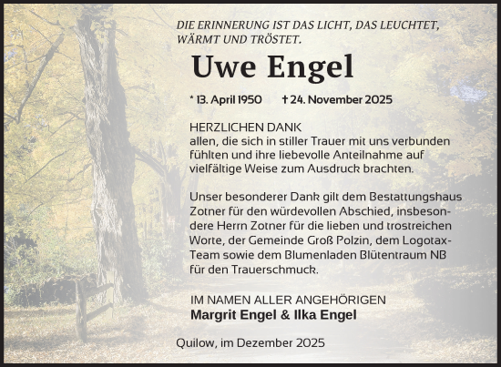 Traueranzeige von Uwe Engel von Nordkurier Vorpommern Kurier
