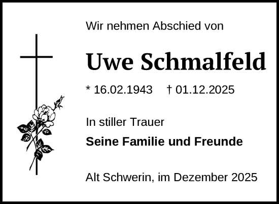 Traueranzeige von Uwe Schmalfeld von Nordkurier Müritz-Zeitung