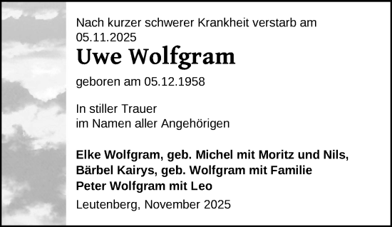 Traueranzeige von Uwe Wolfgram von Gadebusch - Rehnaer Zeitung