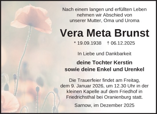 Traueranzeige von Vera Meta Brunst von Nordkurier Grosso