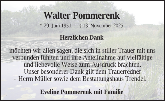 Traueranzeige von Walter Pommerenk von Zeitung für die Landeshauptstadt