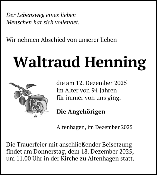 Traueranzeige von Waltraud Henning von Nordkurier Neubrandenburger Zeitung