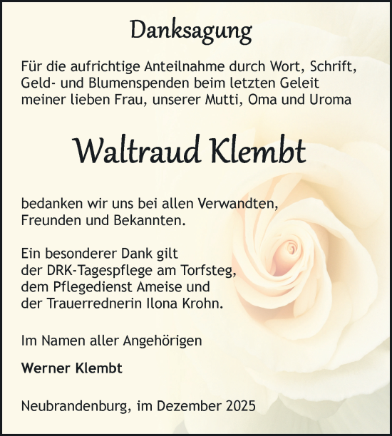 Traueranzeige von Waltraud Klembt von Nordkurier Neubrandenburger Zeitung
