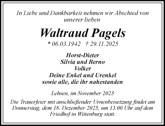 Traueranzeige von Waltraud Pagels von Hagenower Kreisblatt