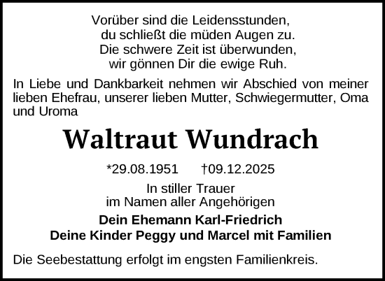 Traueranzeige von Waltraut Wundrach von Nordkurier Strelitzer Zeitung