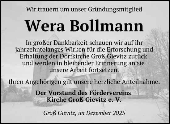 Traueranzeige von Wera Bollmann von Nordkurier Müritz-Zeitung
