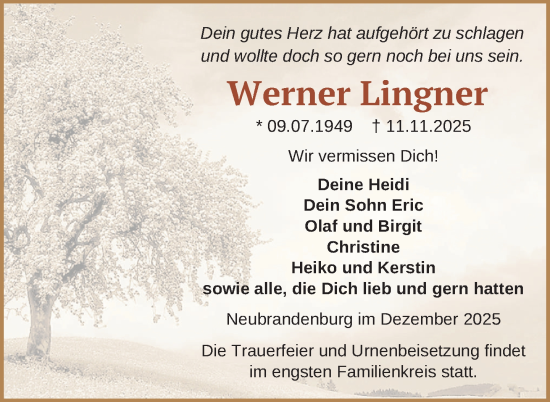 Traueranzeige von Werner Lingner von Nordkurier Neubrandenburger Zeitung