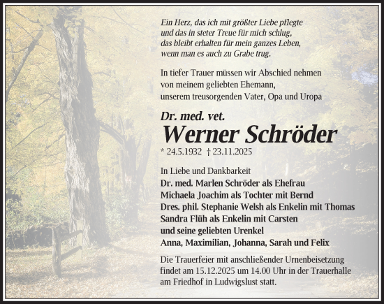 Traueranzeige von Werner Schröder von Ludwigsluster Tageblatt