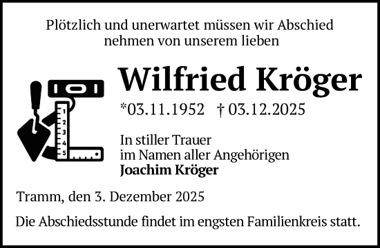 Traueranzeige von Wilfried Kröger von Zeitung für die Landeshauptstadt