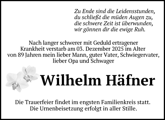 Traueranzeige von Wilhelm Häfner von Nordkurier Mecklenburger Schweiz