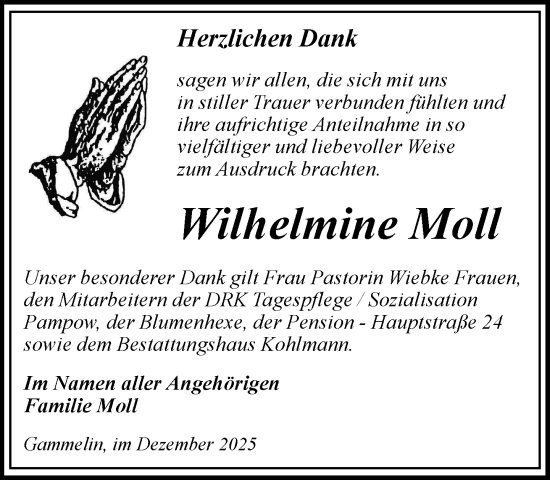 Traueranzeige von Wilhelmine Moll von Hagenower Kreisblatt