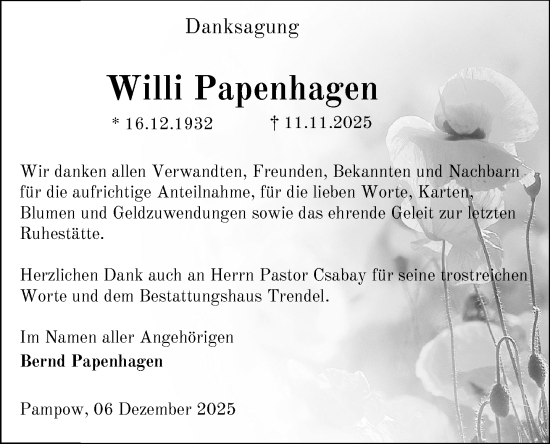 Traueranzeige von Willi Papenhagen von Zeitung für die Landeshauptstadt