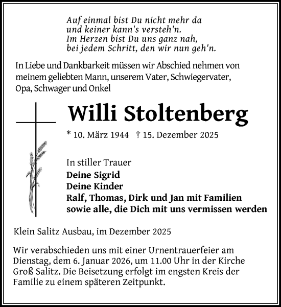 Traueranzeige von Willi Stoltenberg von Gadebusch - Rehnaer Zeitung