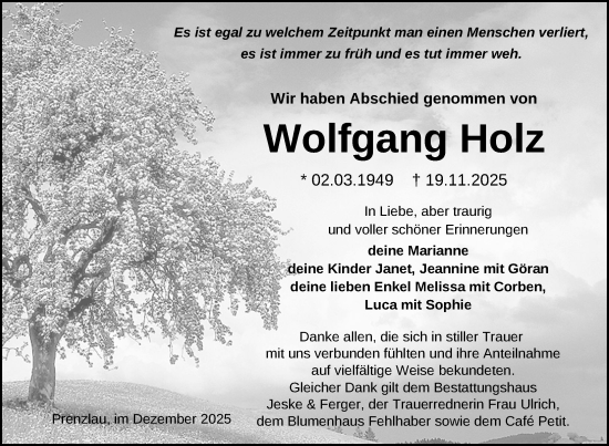 Traueranzeige von Wolfgang Holz von Uckermark Kurier Prenzlauer Zeitung
