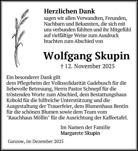 Traueranzeige von Wolfgang Skupin von Gadebusch - Rehnaer Zeitung