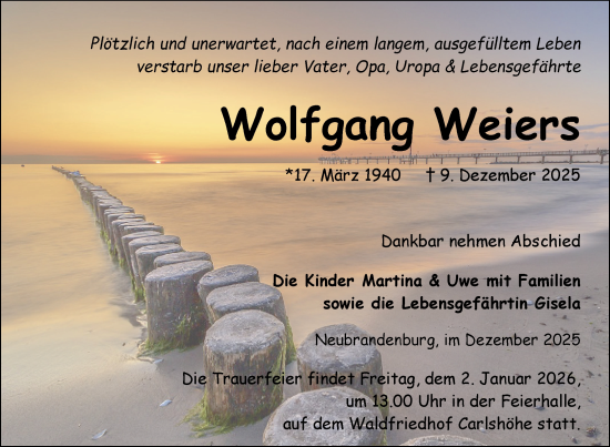 Traueranzeige von Wolfgang Weiers von Nordkurier Neubrandenburger Zeitung