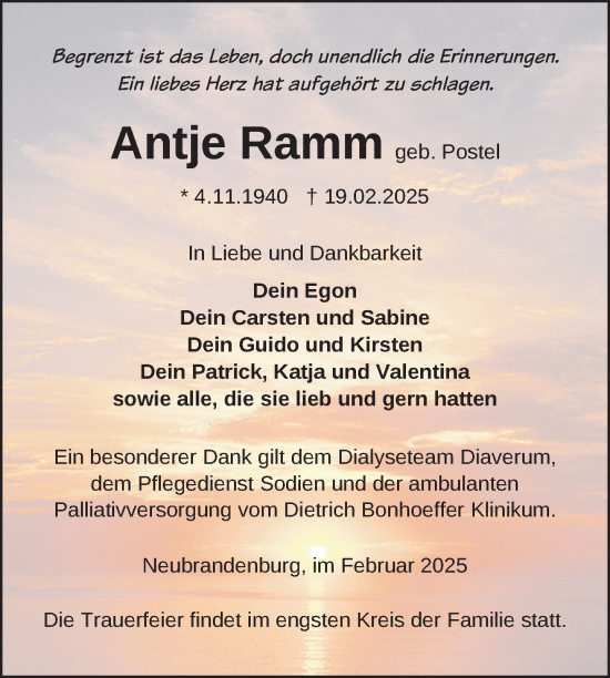 Traueranzeige von Antje Ramm von Nordkurier Neubrandenburger Zeitung