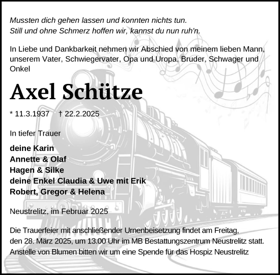 Traueranzeige von Axel Schütze von Nordkurier Strelitzer Zeitung