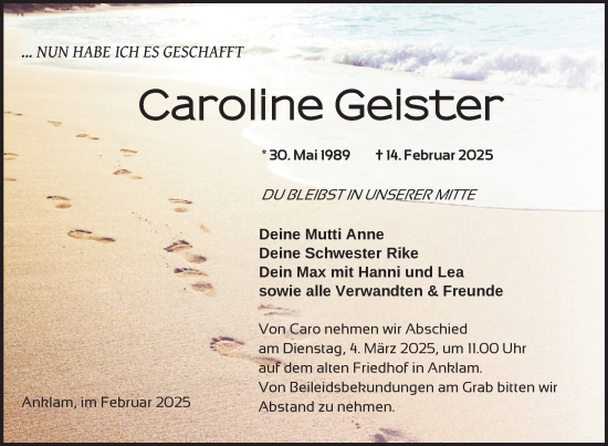 Traueranzeige von Caroline Geister von Nordkurier Vorpommern Kurier