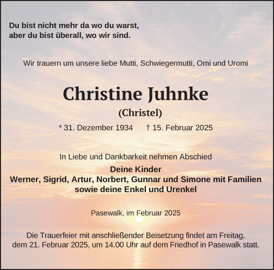 Traueranzeige von Christine Juhnke von Nordkurier Pasewalker Zeitung