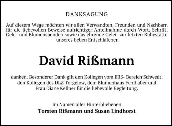 Traueranzeige von David Rißmann von Uckermark Kurier Prenzlauer Zeitung