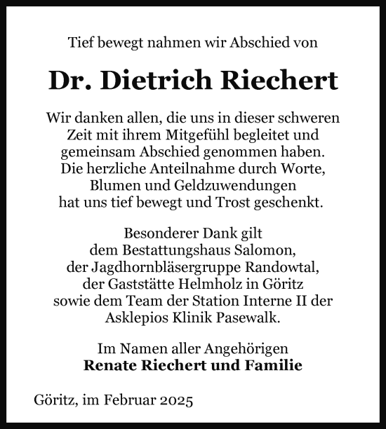 Traueranzeige von Dietrich Riechert von Uckermark Kurier Prenzlauer Zeitung