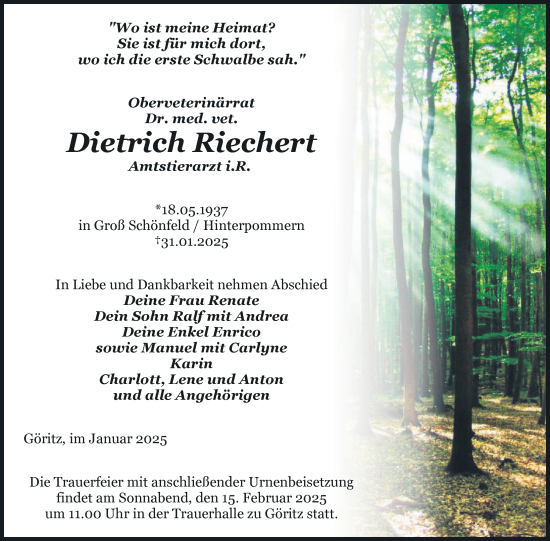 Traueranzeige von Dietrich Riechert von Uckermark Kurier Prenzlauer Zeitung