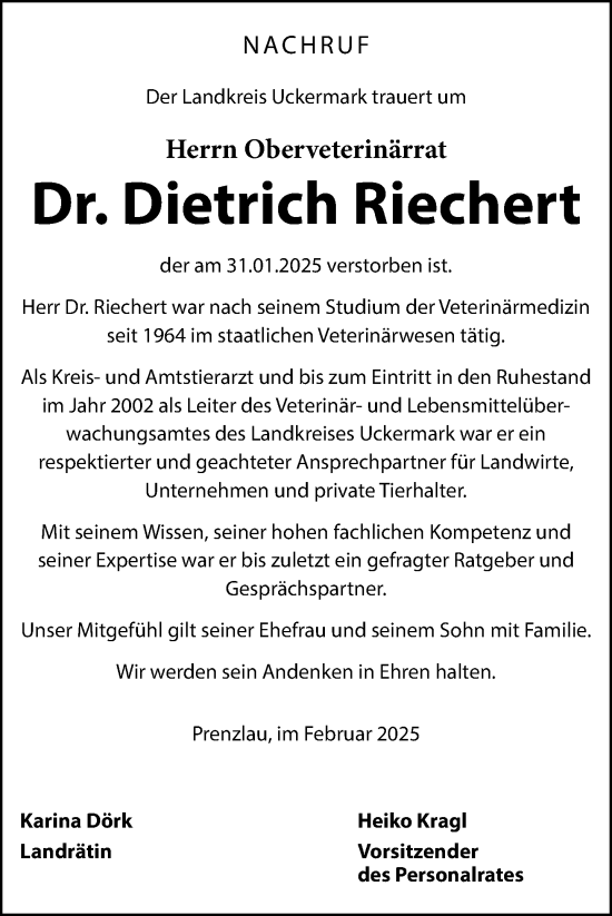 Traueranzeige von Dietrich Riechert von WR Prenzlau / Templin