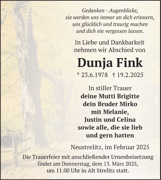 Traueranzeige von Dunja Fink von Nordkurier Strelitzer Zeitung