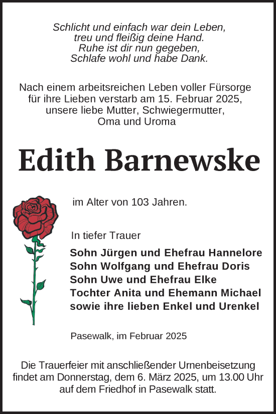 Traueranzeige von Edith Barnewske von Nordkurier Pasewalker Zeitung