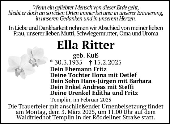 Traueranzeige von Ella Ritter von Uckermark Kurier Templiner Zeitung