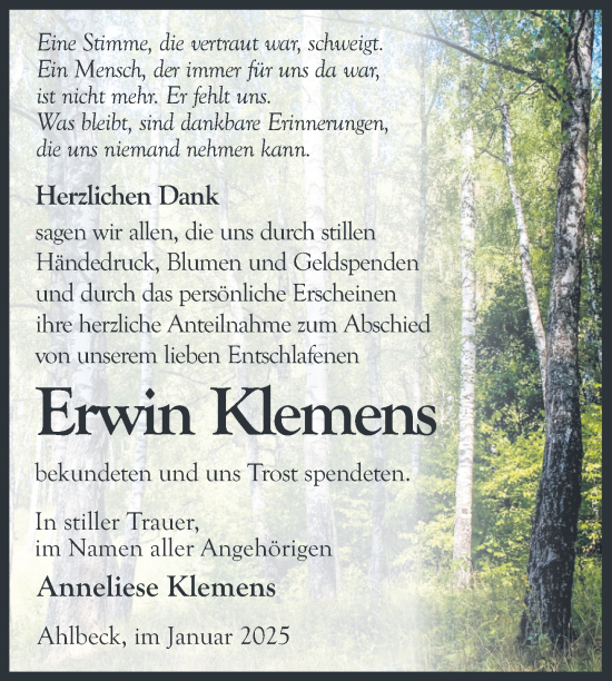 Traueranzeige von Erwin Klemens von Nordkurier Haff-Zeitung