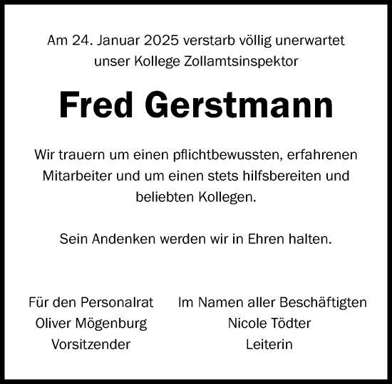 Traueranzeige von Fred Gerstmann von Nordkurier Pasewalker Zeitung