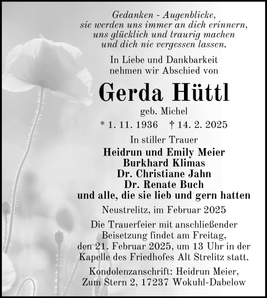 Traueranzeige von Gerda Hüttl von Nordkurier Strelitzer Zeitung